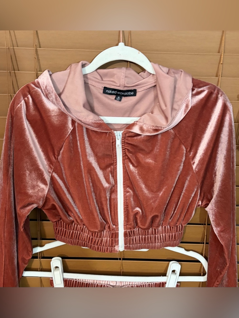 naked wardrobe Rose Blush Velvet Cropped Zip Hoodie